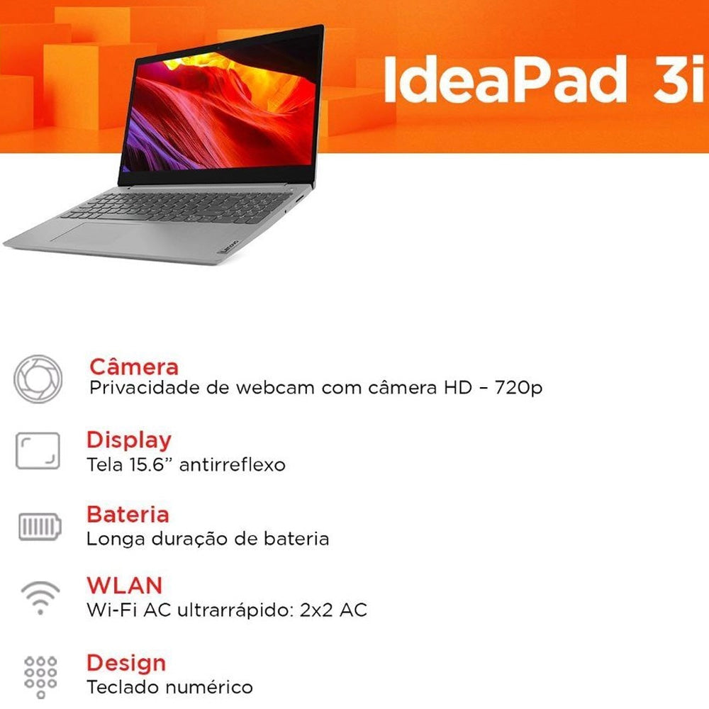 Notebook Lenovo Ideapad 3i 15ITL-6 Intel Core i5-1135G7 8GB (Intel Iris Xe) 256GB SSD W11 15,6" 82MD007BR Prata