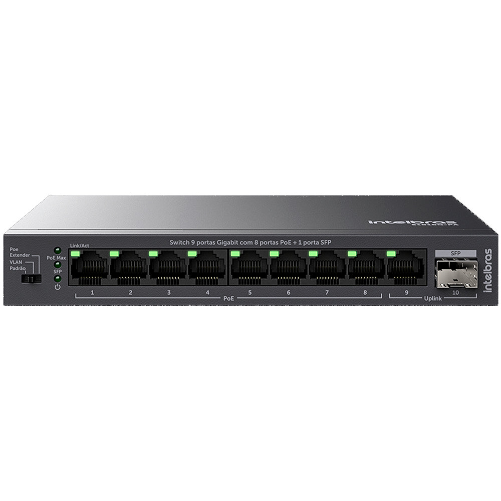 Switch 9 Portas Intelbras S1010G-PA Gigabit Ethernet 8 Portas PoE Com 1 porta SFP