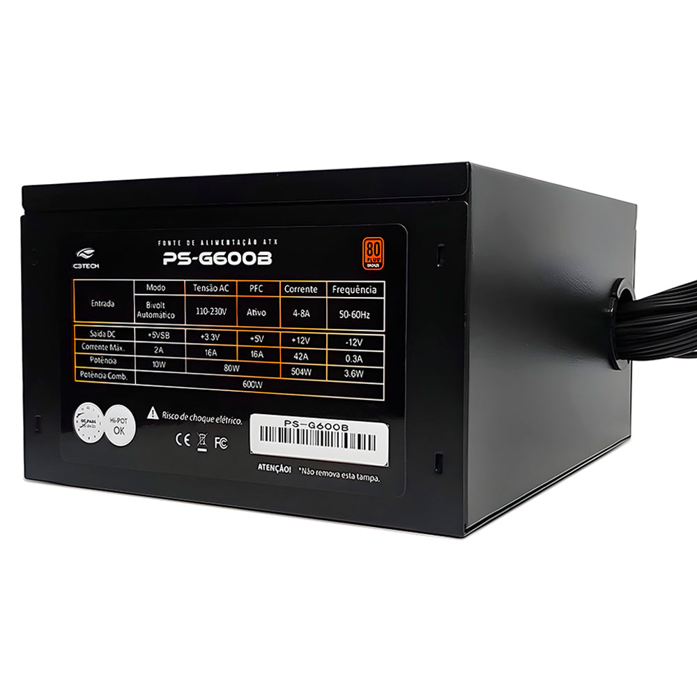 Fonte Gamer ATX 600W Real, PS-G600B, Selo 80 Plus Bronze, PFC Ativo, C3Tech