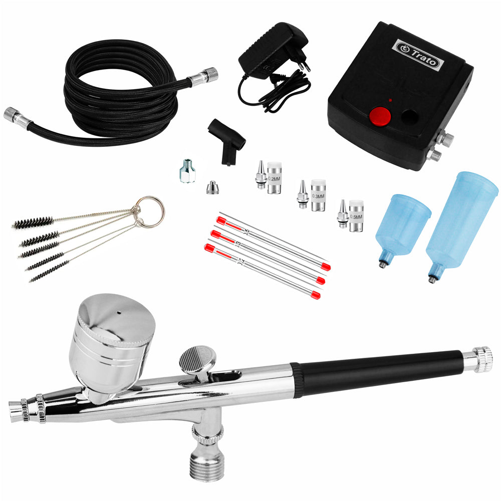 Kit Aerógrafo TKA12 TRACO 17 Peças, Compressor 12V Bivolt, 0,3-0,4-0,5mm, Dupla Ação, 15-18 PSI, Aerografia Profissional