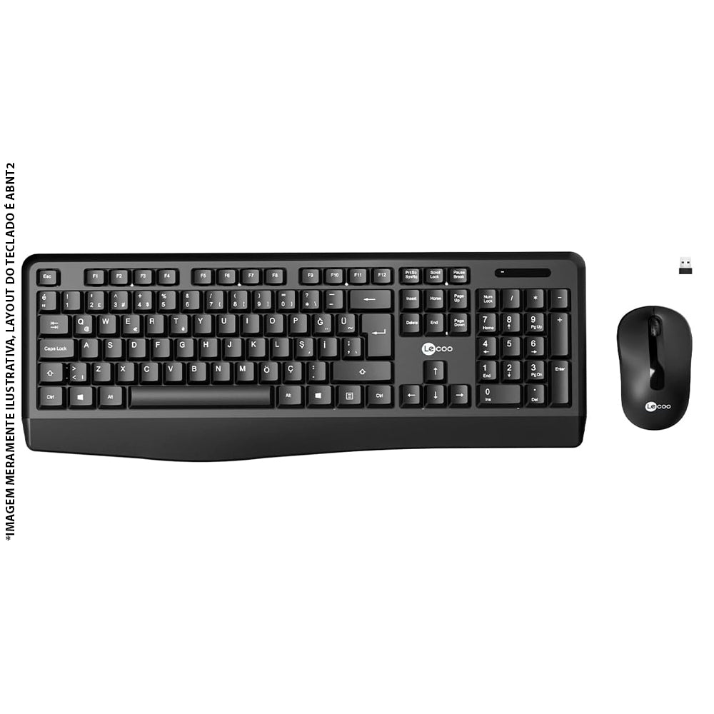 Kit Teclado Membrana ABNT2 e Mouse Óptico 3 Botões, DPI 1.600, Wireless 2.4GHz, KW211 Lecoo - Preto