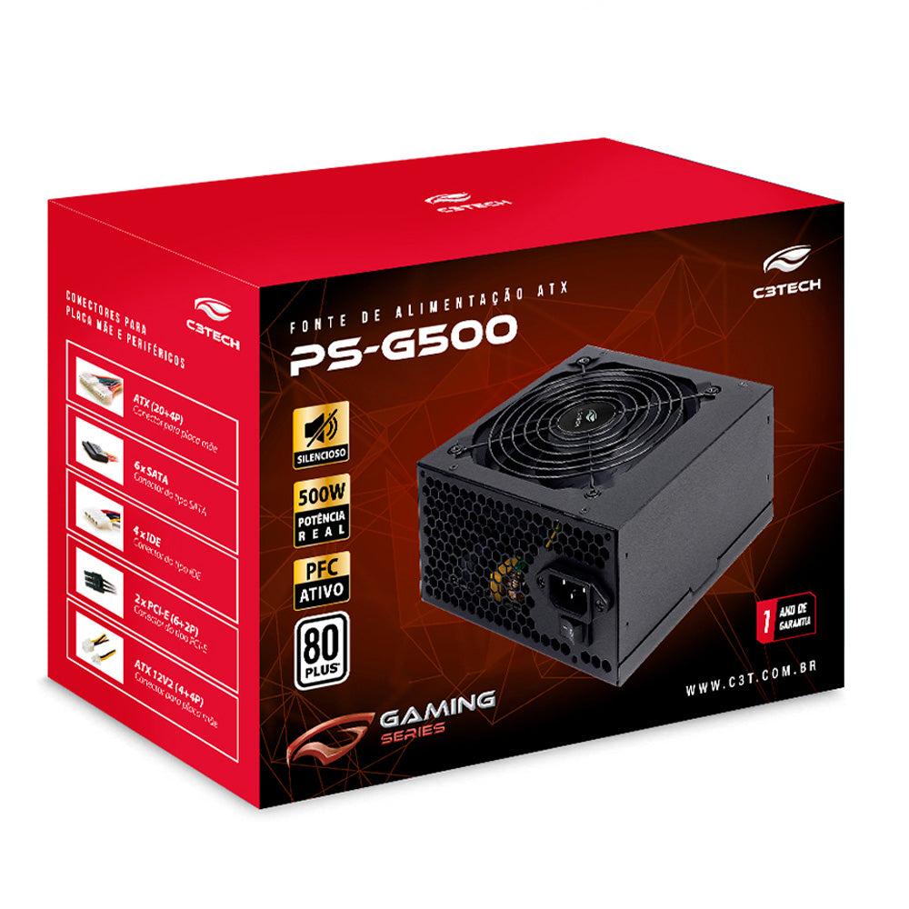 Fonte Gamer ATX 500w PS-G500, Selo 80 Plus White, C3Tech Gaming
