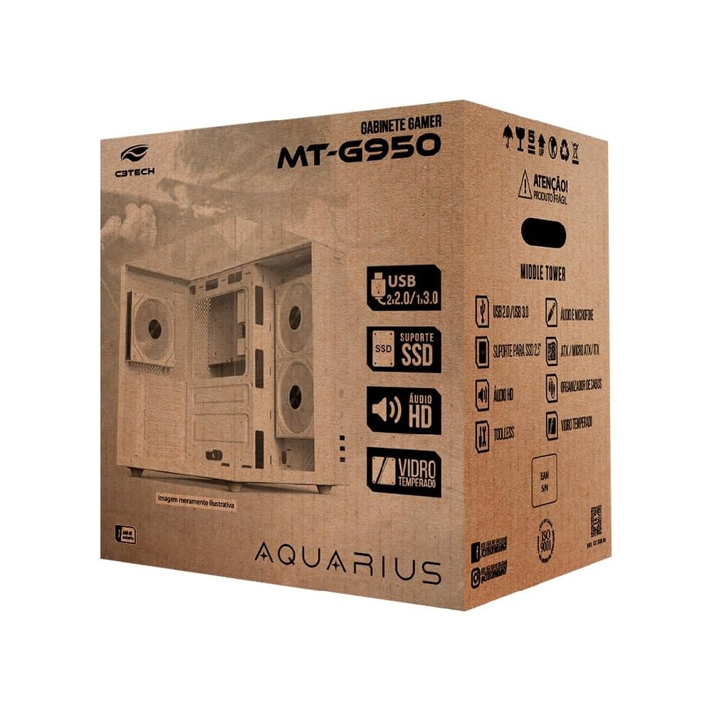Gabinete Gamer C3Tech Aquário MT‑G950WH, Vidro Temperado, USB 3.0, Mid Tower, Sem Fonte, Branco - Aquarius