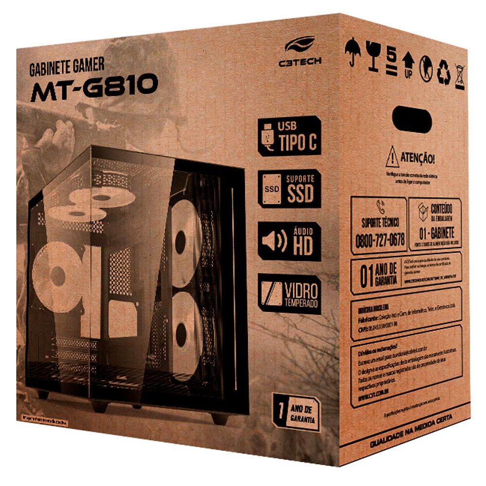 Gabinete Gamer C3Tech Aquarius, Mini Tower, Vidro Temperado, M-ATX, Sem Fonte, MT-G810BK