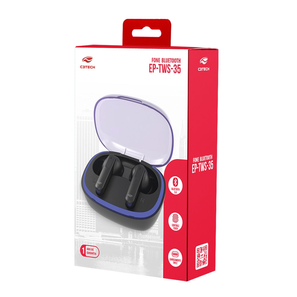 Fone de Ouvido C3Tech Sem Fio, In-Ear, Bluetooth 5.3, EPS-TWS-35BK - Preto