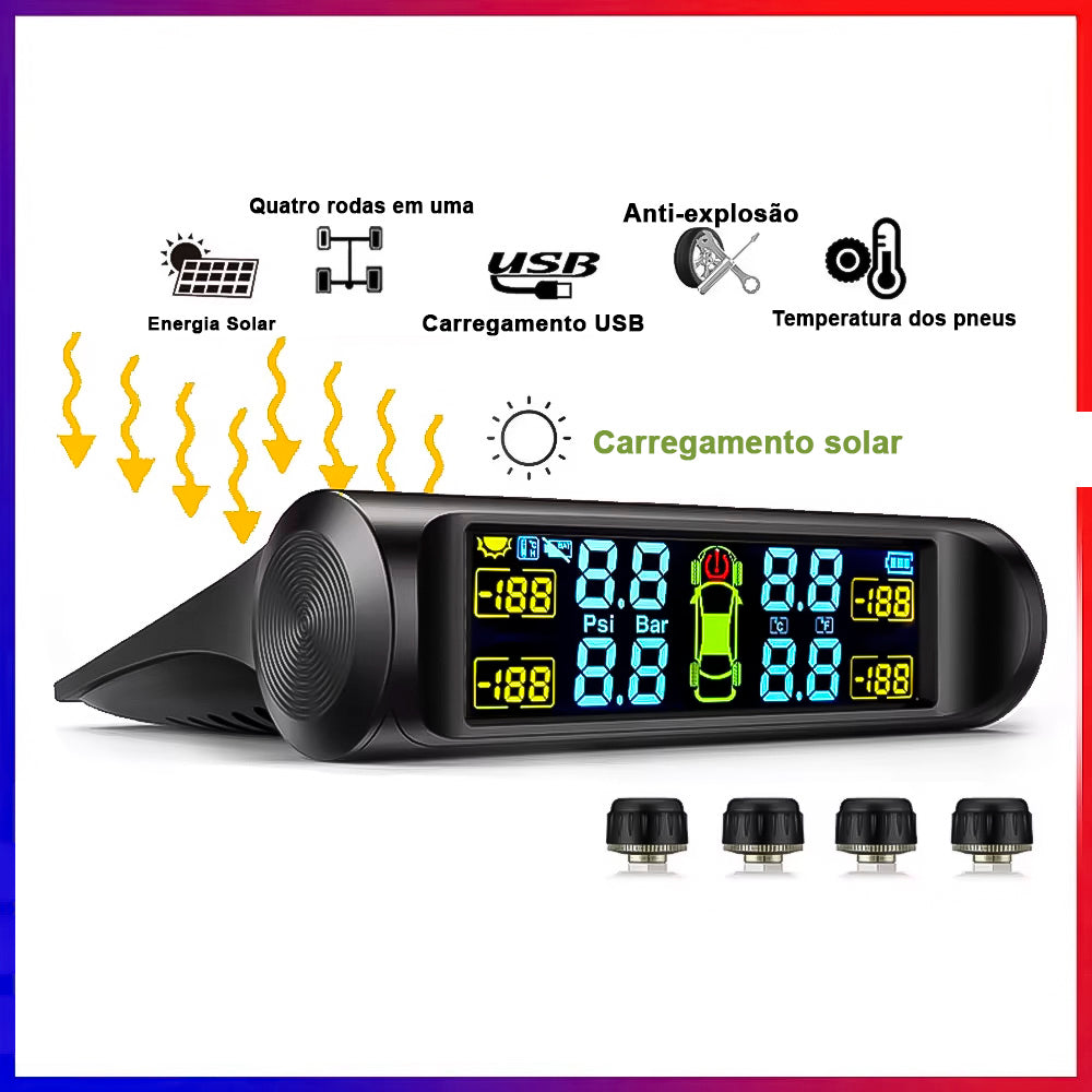Sistema de Monitoramento de Pressão de Pneus TPMS, Com Carregamento Solar - Preto