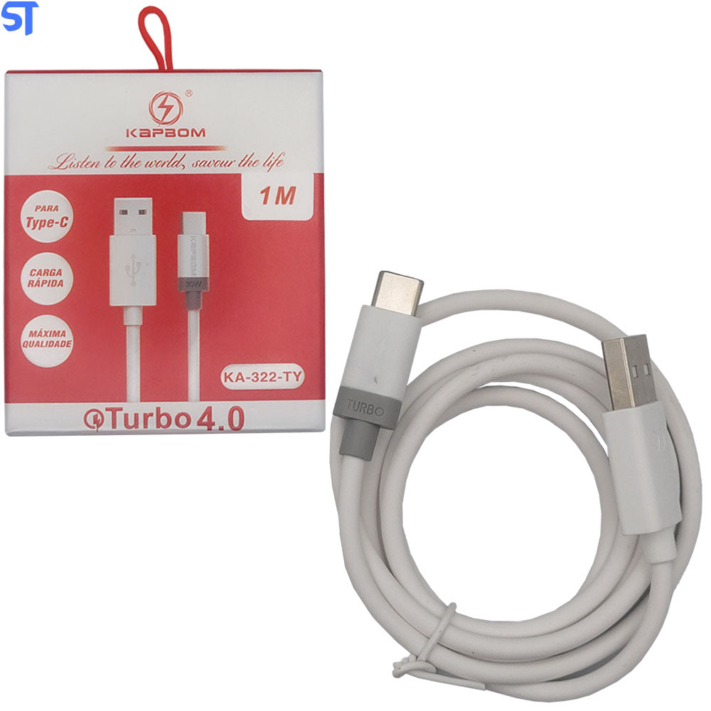 Cabo USB Para Tipo-C, Carga e Dados, Turbo 4.0, Cabo 1 Metro, KA-322-TY, KAPBOM, Branco