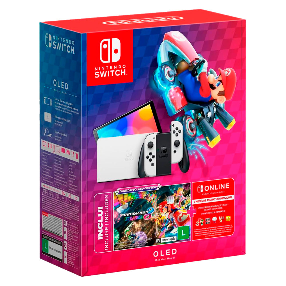 Nintendo Switch OLED Branco 64GB, Tela 7", com Mario Kart 8 Deluxe + 3 Meses Nintendo Online