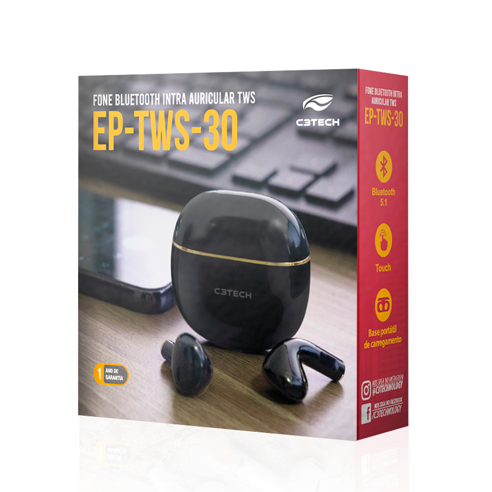 Fone de Ouvido C3Tech Sem Fio, Intra-Auricular, Bluetooth 5.1, Microfone Integrado, EP-TWS-30BK - Preto