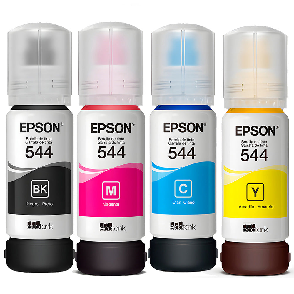 Kit Refil de Tinta 4 Cores Epson 544 - Preto, Amarelo, Ciano e Magenta, Para L1110/L1210/L3110/L3150 (Caixa Com 4 Cores)
