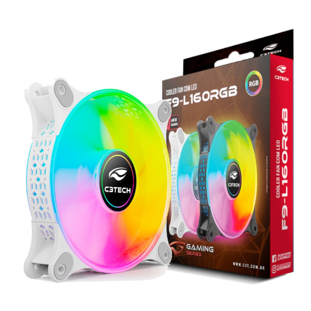 Cooler Fan F9‑L160WH C3Tech RGB 120 mm 9 lâminas, Rolamento Hidráulico, Molex 4‑pinos, 1 200 RPM, 30 dBA - Branco
