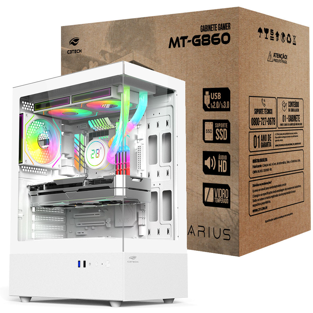Gabinete Gamer C3Tech Aquário MT‑G860WH, Mid Tower, Vidro Temperado, Compatível Water Cooler, S/ Fonte, Branco-Aquarius