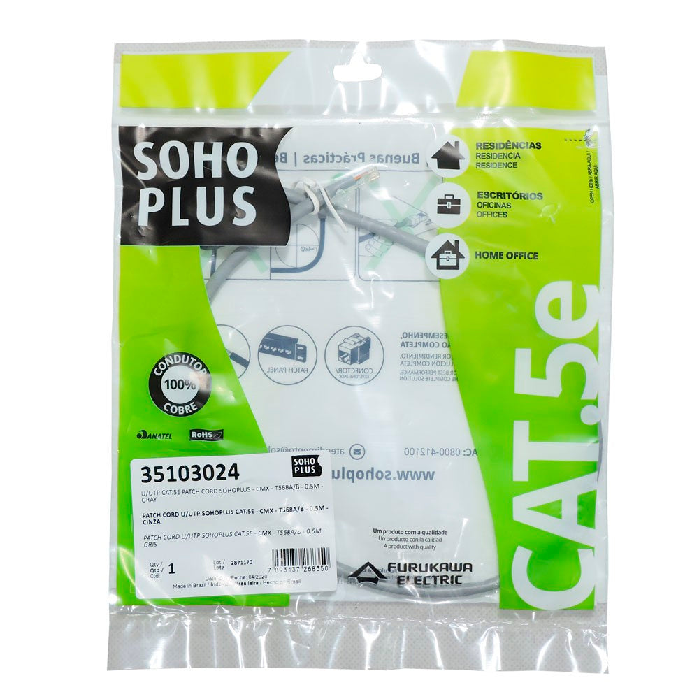 Cabo de Rede Patch Cord Sohoplus U/UTP CAT.5e CMX 0.5 Metros ( 50cm ) - Cinza