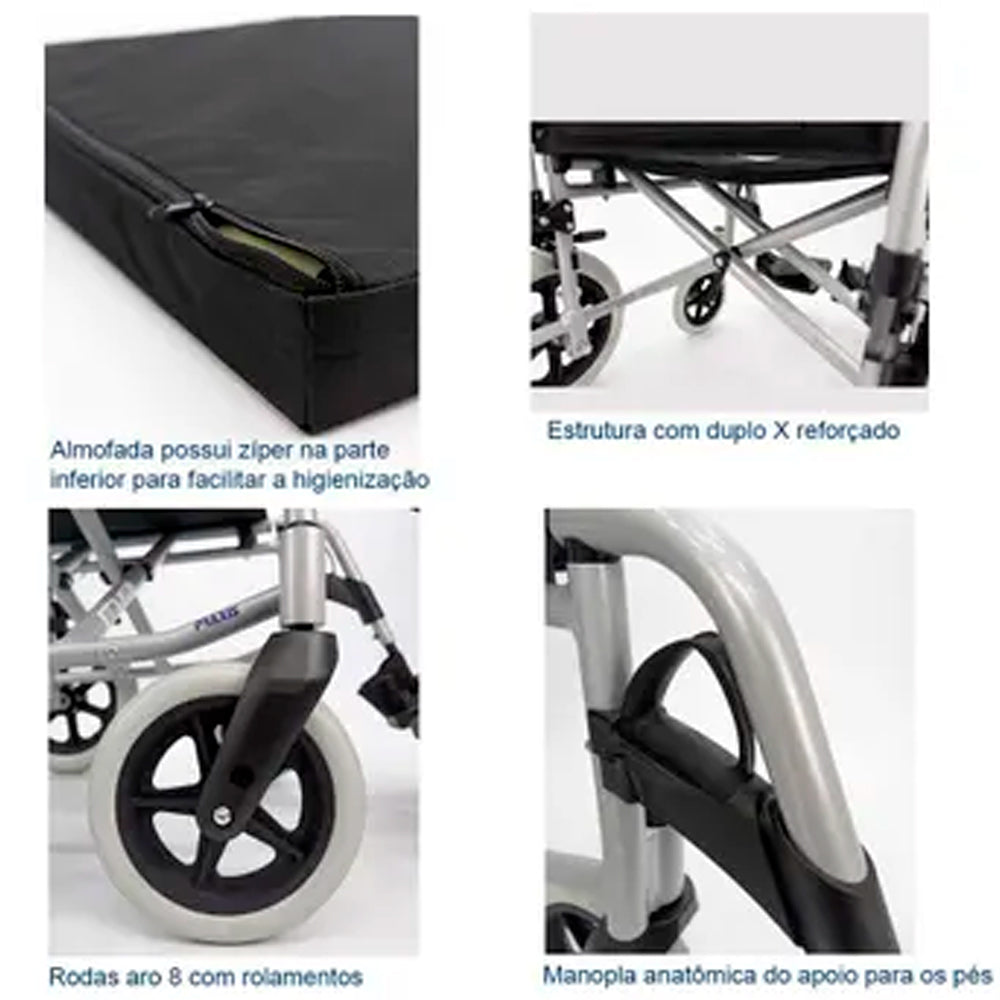 Cadeira De Rodas Manual Dobrável em Aluminio Com Encosto Rebatível, Barcelona Praxis Tamanho 40 Cor Preto Prata
