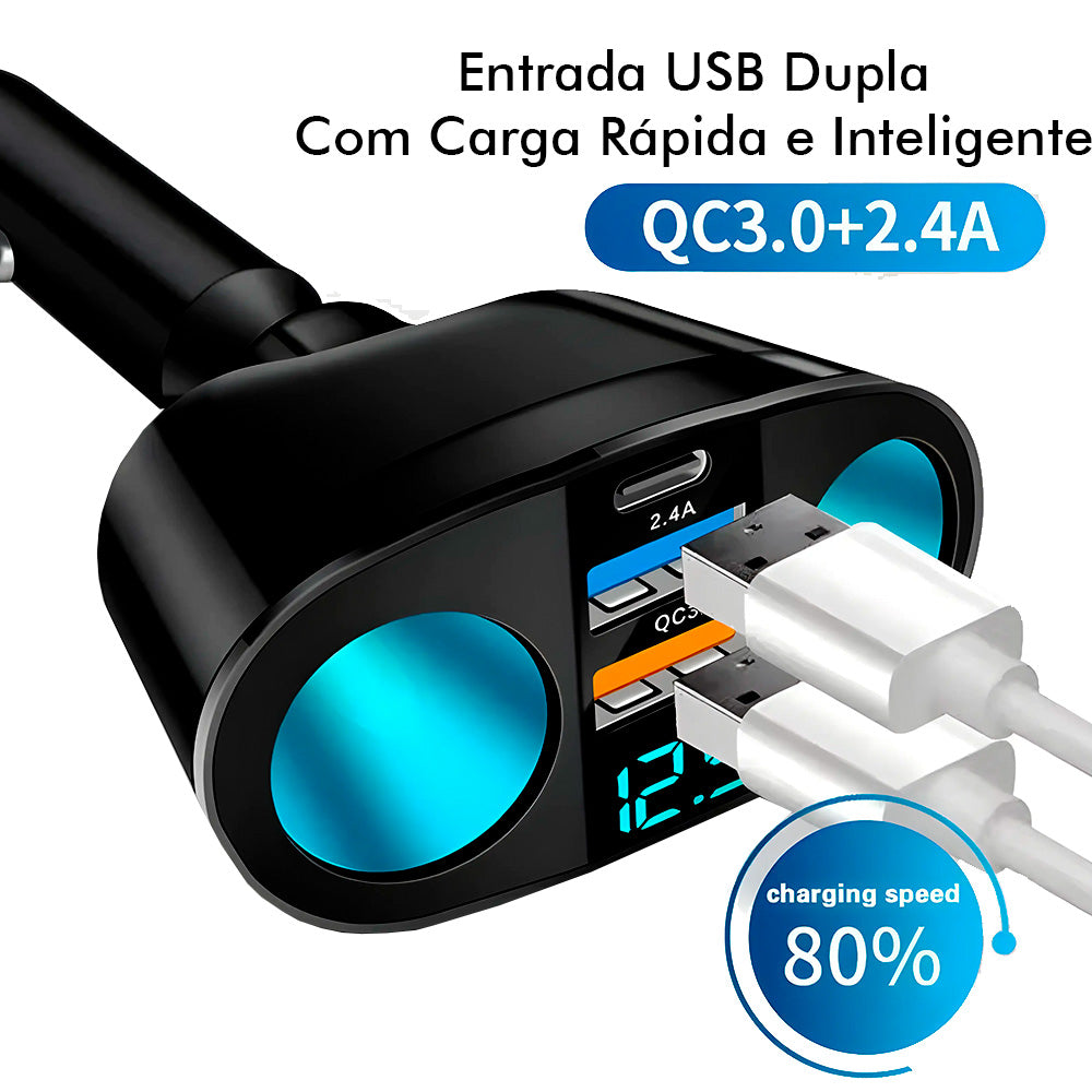 Carregador Veicular C/2 Entradas QC 3.0, 1 Entrada USB-C 2.4A, 2 Entradas P/ Carregador Veicular e Display Digital
