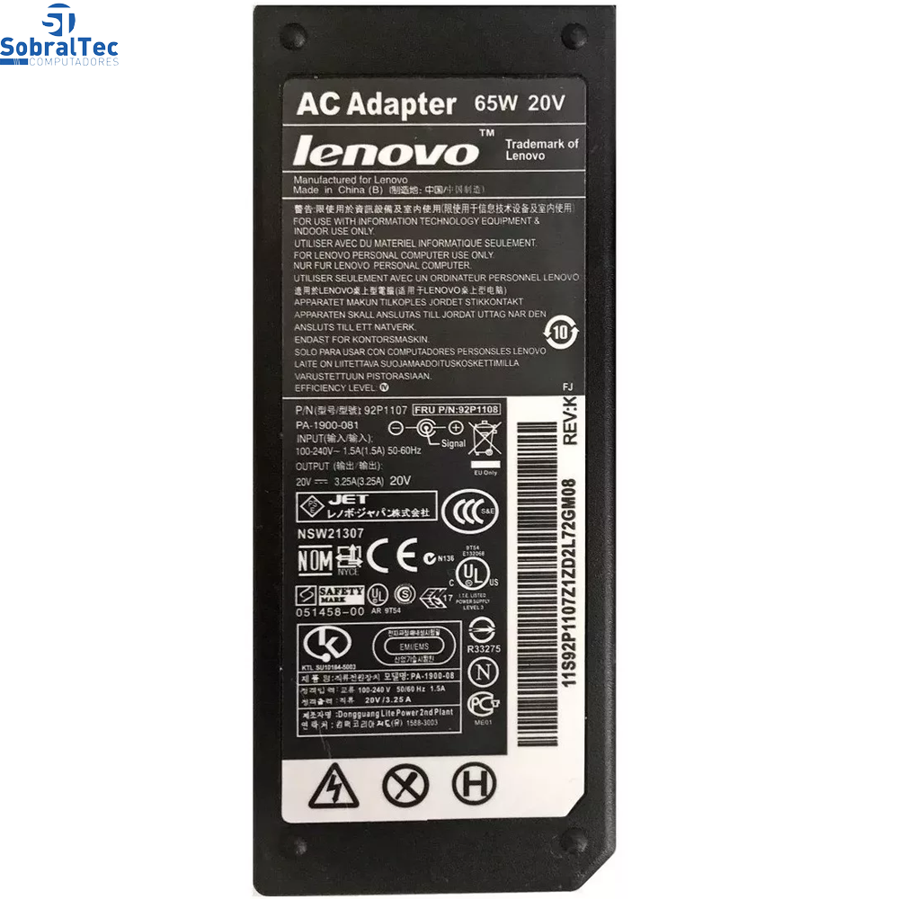 Fonte Notebook Lenovo 20v 3.25a 65w Pino 7.9m x 5.5m Redondo