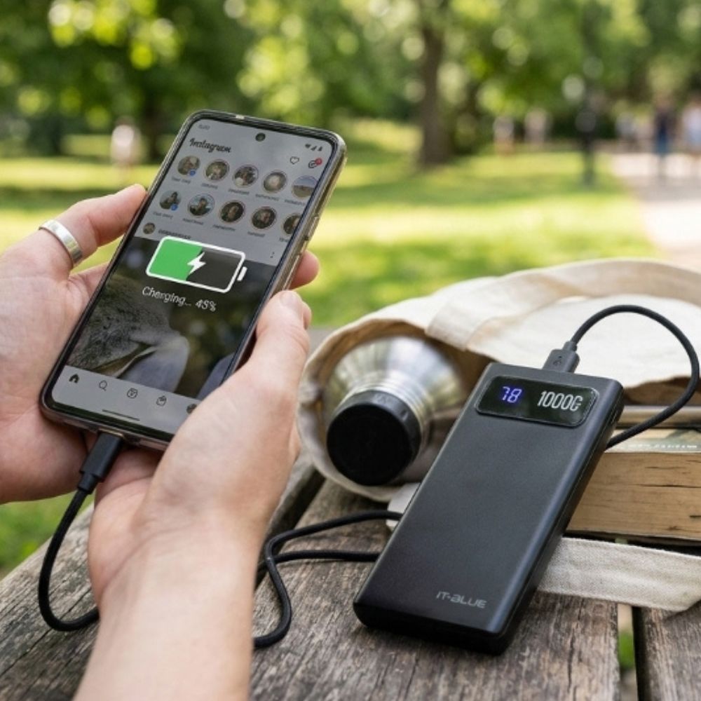 Carregador Portátil Power Bank 10000mAh 5 em 1, 4 Saídas - UBS1, UBS2, Lightning, USB-C, V8, Preto, It-Blue Max-0560