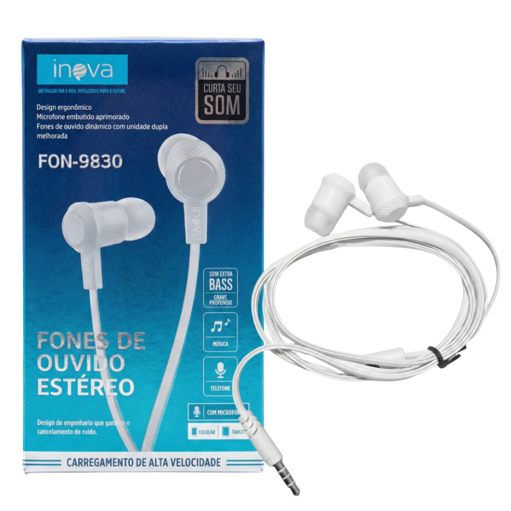 Fone Inova Fon-9830, Branco, Som Estéreo Alta Fidelidade, Com Fio, P2