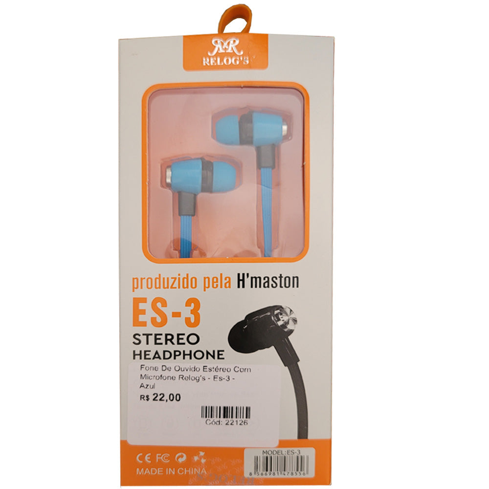 Fone De Ouvido Estéreo Com Microfone Relog's - Es-3 - Azul