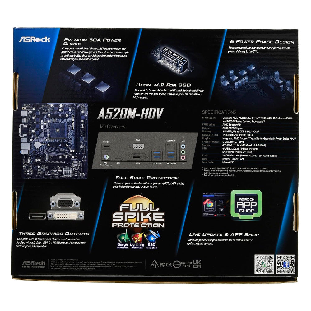 Placa-Mãe ASRock A520M-HDV, Socket AM4, Suporte AMD Ryzen 5000, 2x DDR4, Ultra M.2 (Gen3x4 & SATA3), HDMI SATA III 6Gb/s