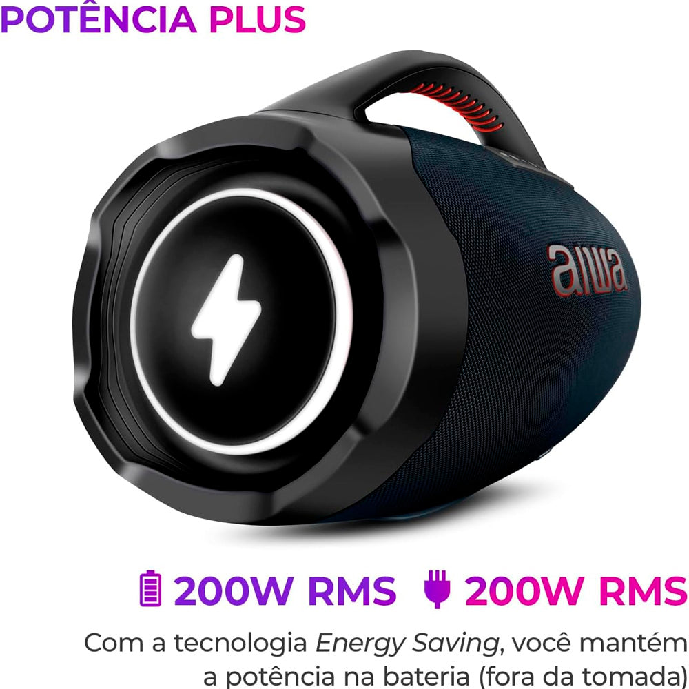 Caixa de Som Boombox Plus AIWA BBS-01-LBL , USB RGB, 200W RMS, IP66 Com Alça, 30h de Bateria, Bluetooth 5.3,TWS