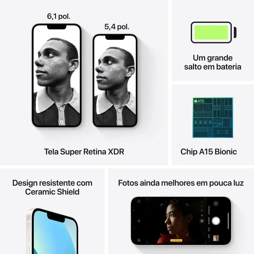 iPhone 13 Apple 256GB iOS 15, Chip A15 Bionic, Tela 6.1" Super Retina XDR OLED, Dual 12MP, Face ID, 5G Estelar MLQ73BR/A