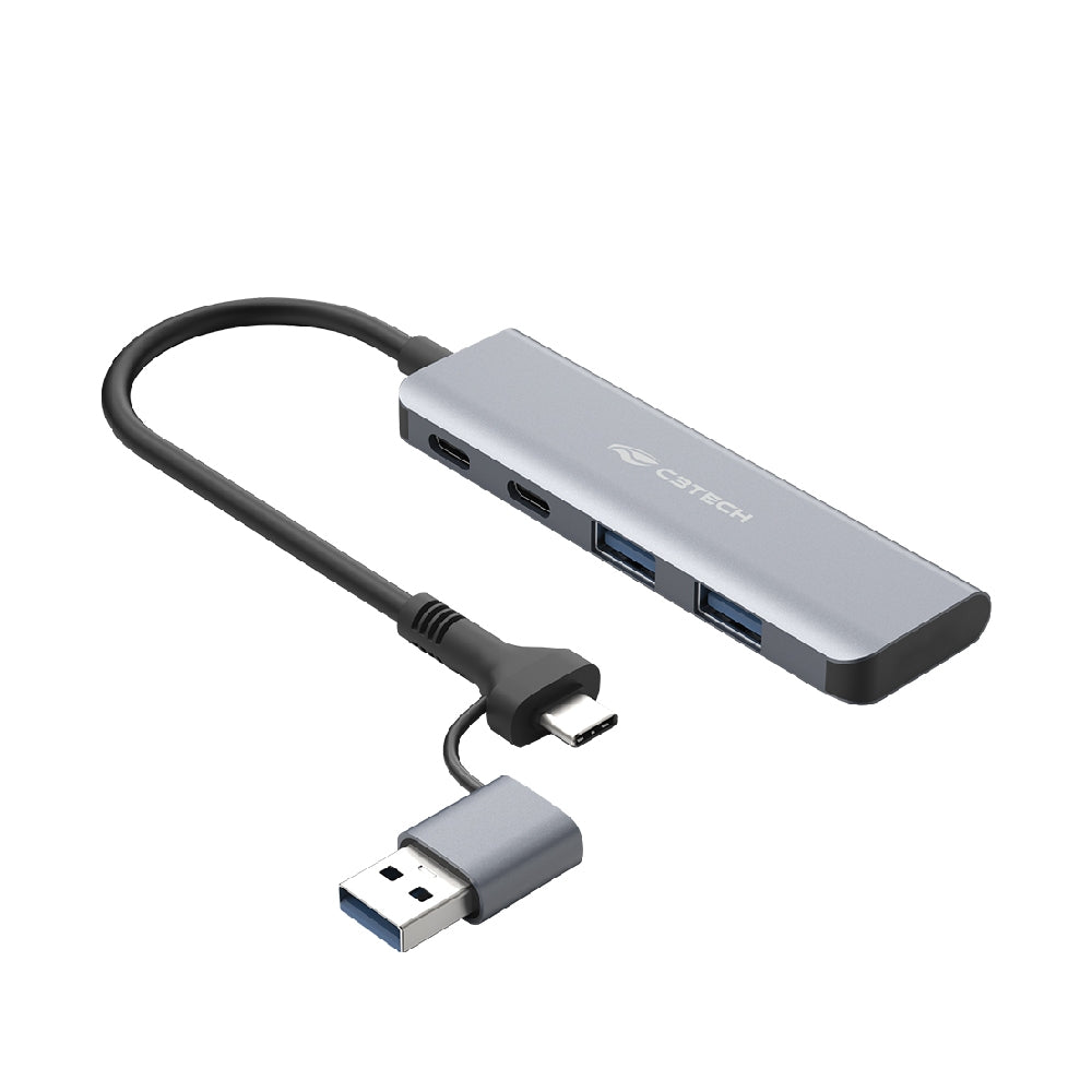 HUB USB com 4 Portas C3Tech HU-C600GY, Entrada USB-A e C Reversivel, 2 Portas USB-A e 2 Portas USB-C, Cinza