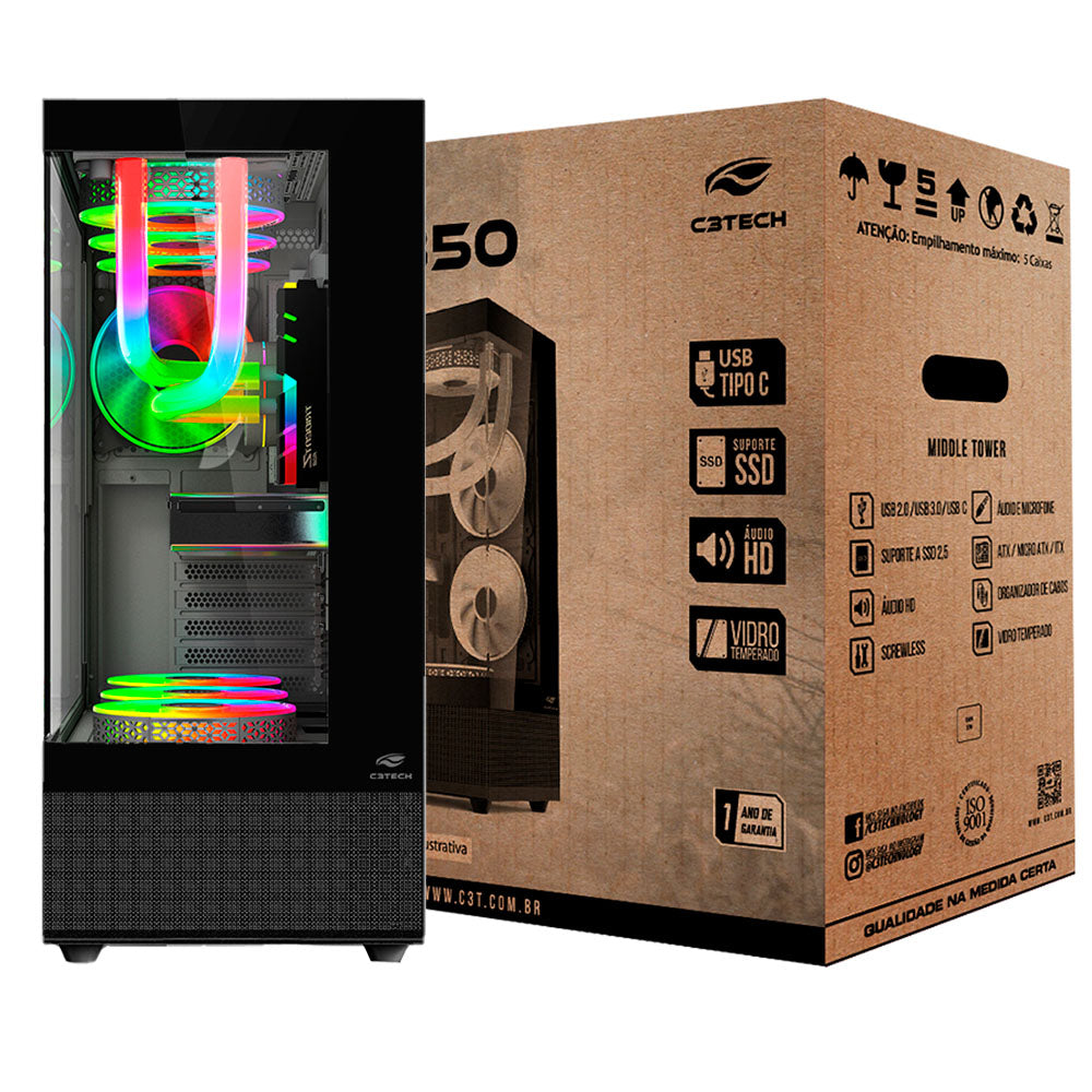 Gabinete Gamer C3Tech Gaming Aquarius MT-G850BK, Mid Tower, Lateral e Frontal Em Vidro Temperado, Sem Fonte - Preto