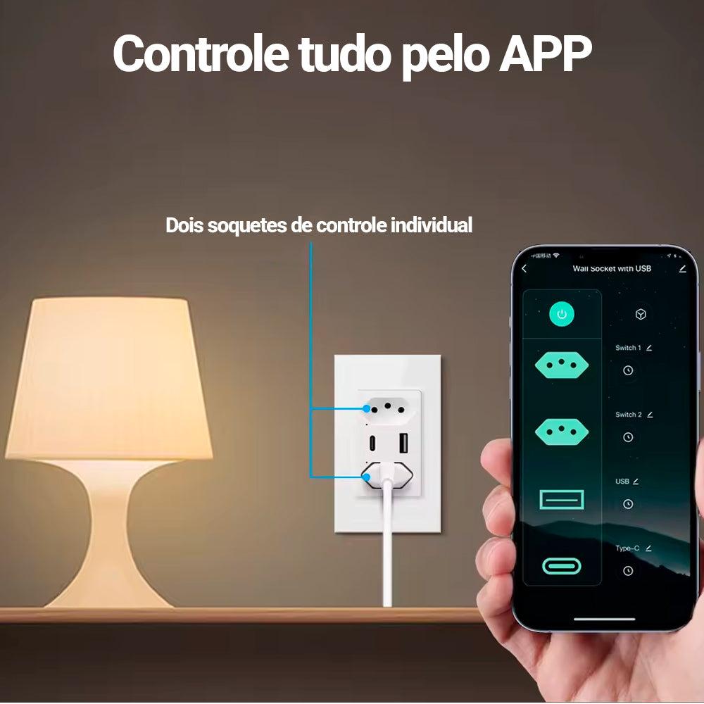 Tomada Dupla Inteligente, Zigbee, 3 Pinos, Uma Entrada USB e Uma USB-C, 16A, Compatível Com Alexa e Google Home, Branco