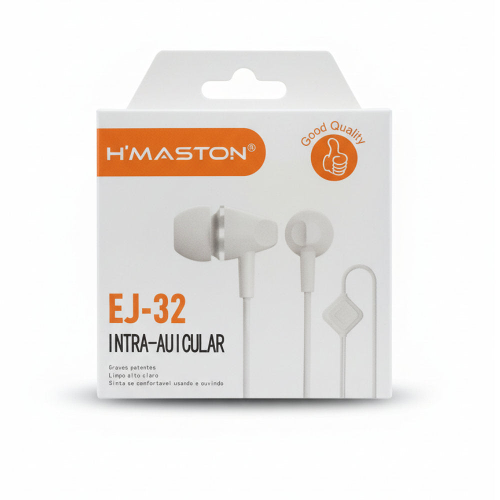 Fone De Ouvido EJ-32, Intra Auricular 3.5mm, Cabo em TPU Revestido, Cabo 1.2 Metros, H'maston, Branco
