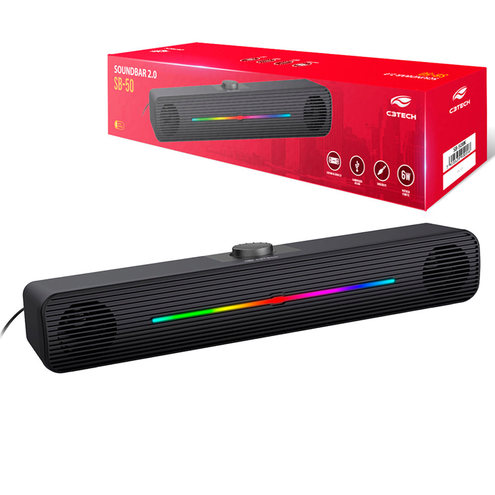 SoundBar 2.0 6W Conexão P2 Alimentação USB Drive 50mm C3Tech SB-50BK  Preto