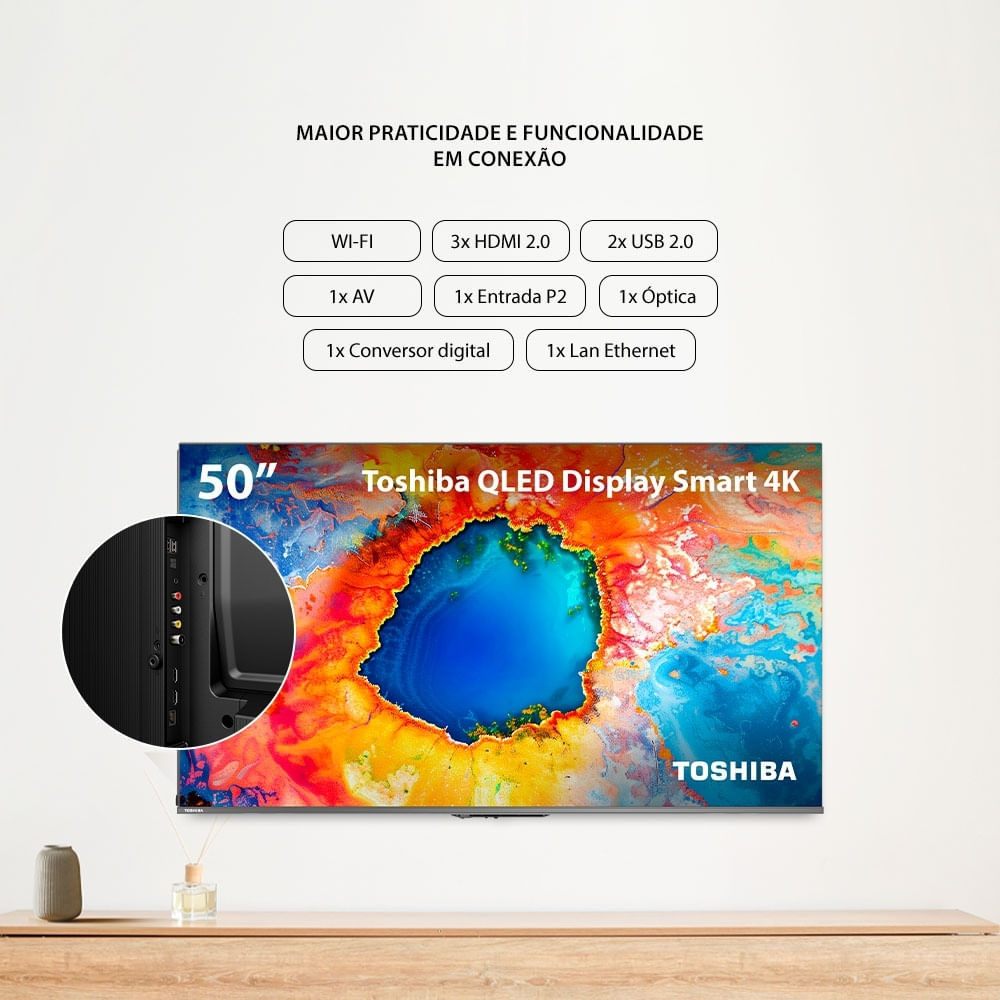 Smart TV 50" 4K UHD QLED Toshiba 50C450NS Dolby Vision Atmos, Bluetooth, HDMI e Wi-Fi (Preto)