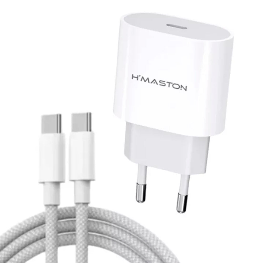 Fonte Carregador Turbo, 30W, Com Cabo 1 Metro Tipo-C Para Tipo-C, H'Maston, CB-23, Branco