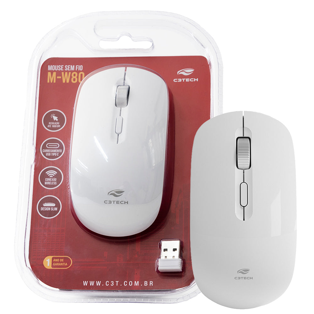 Mouse Sem Fio Recarregável M-W80WH C3Tech, Branco
