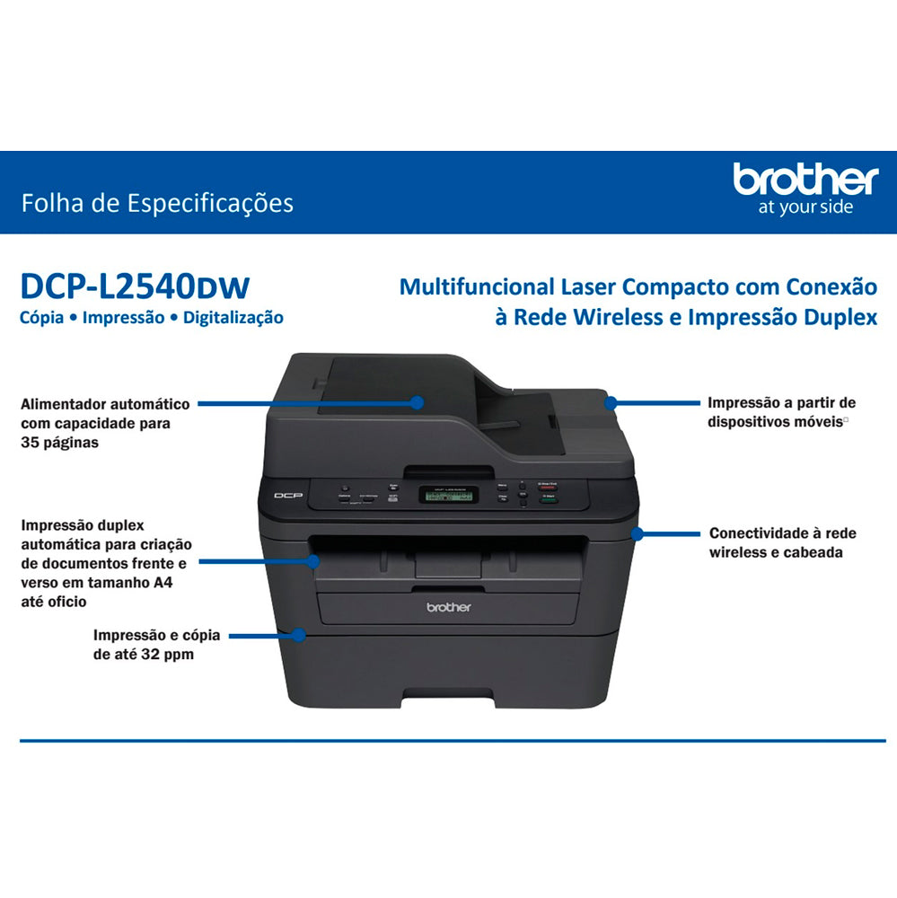 Impressora Multifuncional Brother DCP-L2540DW Laser Monocromática Wi-Fi Duplex - 110V