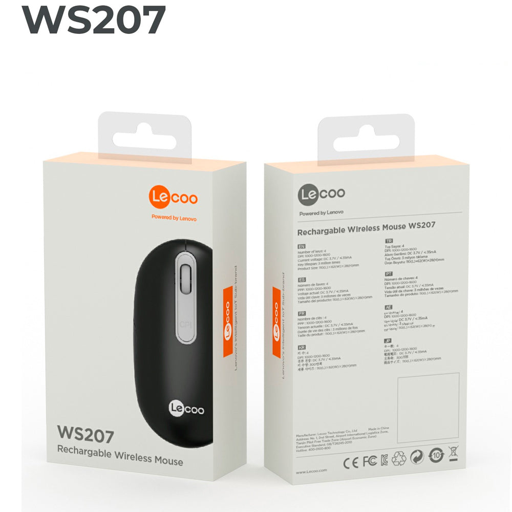 Mouse Sem Fio, Lenovo Lecoo, Recarregável, WS207, 4 Botões, 1.600 DPI, Preto