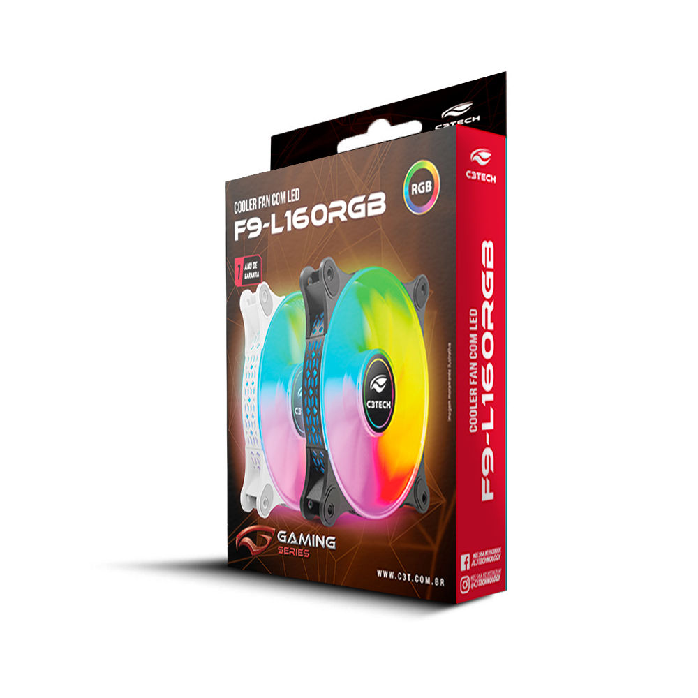 Cooler Fan F9‑L160BKRGB C3Tech RGB 120mm 9 lâminas, 5V, Rolamento Hidráulico, Molex 4‑pinos, 1.200RPM, 30dBA, Preto