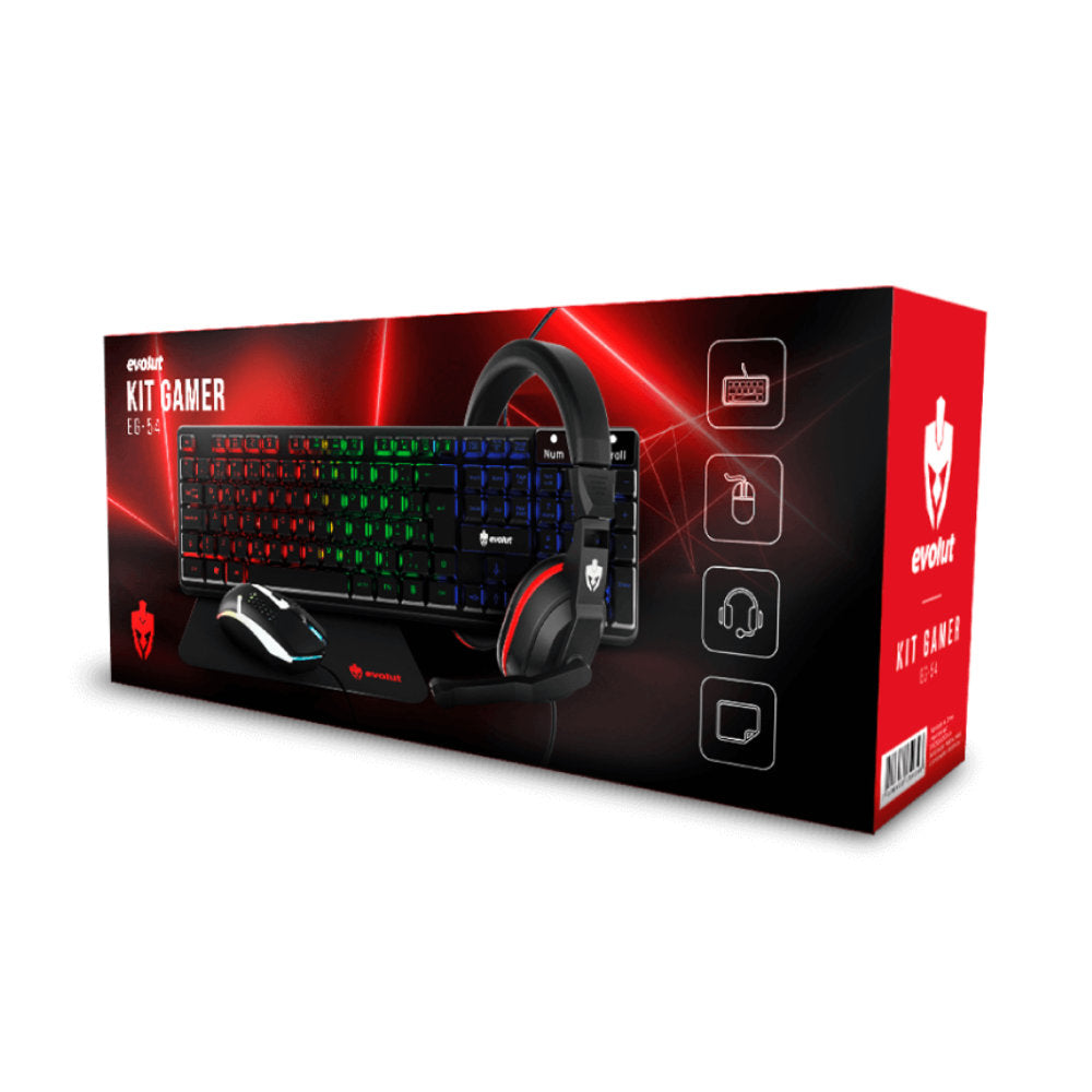 Combo Gamer Evolut EG54 Starter 4 em 1 Teclado ABNT2 Rainbow LED + Mouse 1600DPI + Headset P2 + Mousepad
