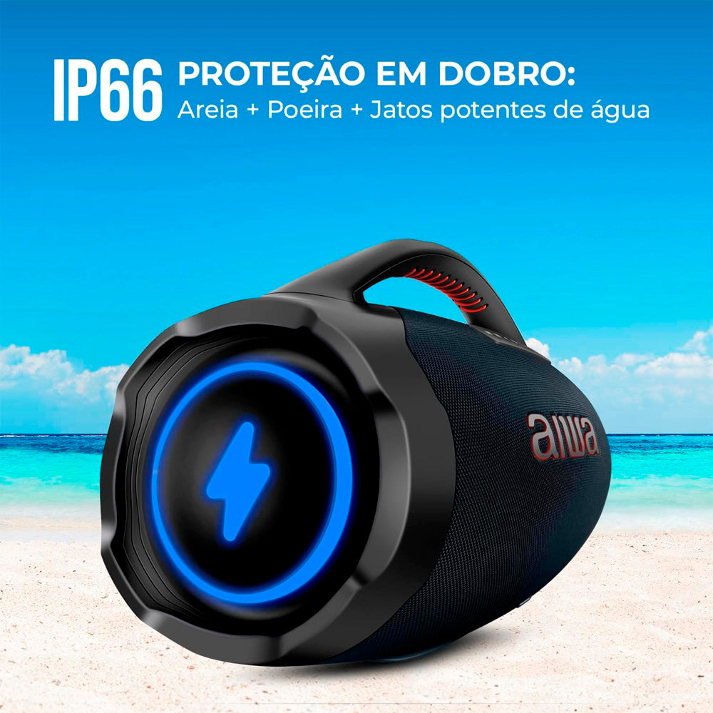 Caixa de Som Boombox Plus AIWA BBS-01-LBL , USB RGB, 200W RMS, IP66 Com Alça, 30h de Bateria, Bluetooth 5.3,TWS