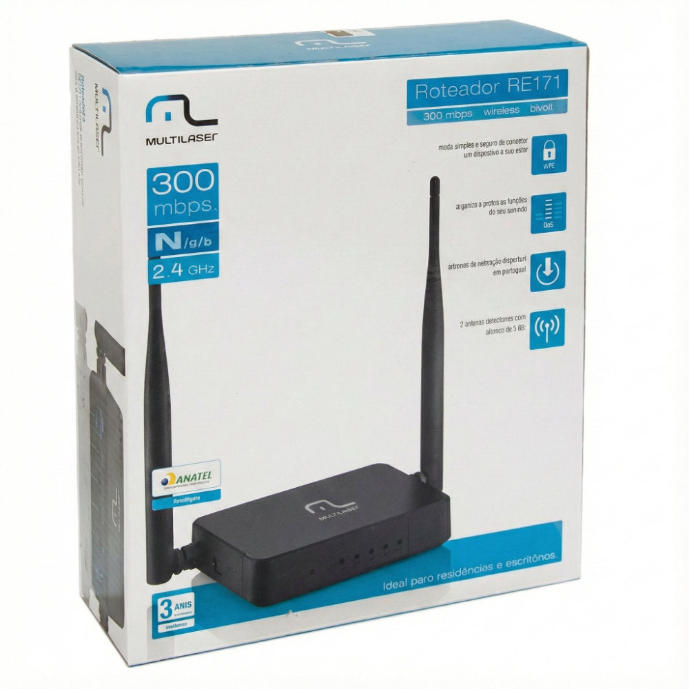 Roteador Multilaser RE171 Wireless 300Mbps 2 Antenas Removíveis 5dBi 4 Portas LAN 2.4GHz