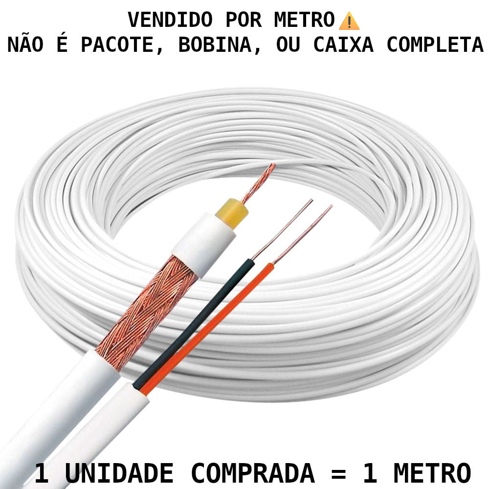 Metro de Cabo Coaxial 4mm Trançado com Alimentação Interna para CFTV, Diproseg, 2x26AWG - Branco (Venda por Metro)