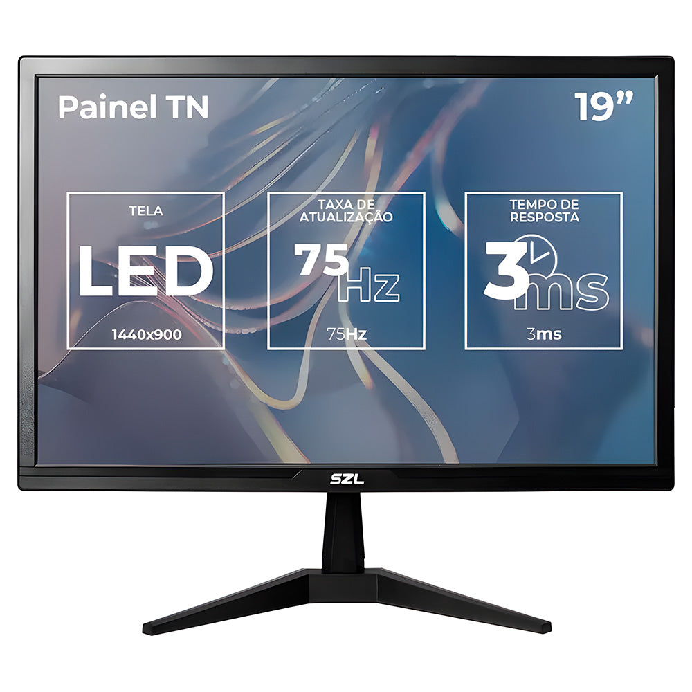 Monitor LED 19 Polegadas, SZL 19 TN, HD, 3ms, 75Hz, HDMI/VGA, SZL-SZL19-BL01