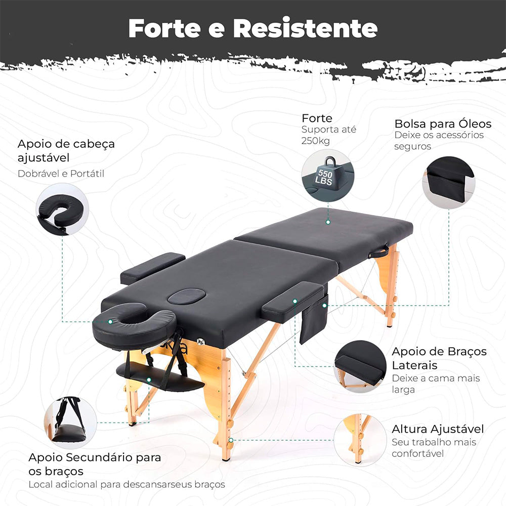 Cama Maca de Massagem Portátil Premium, Divã BKZA - MSG 102 ,Tatuagem, Massoterapia, Quiropraxia, Com Maleta, Preto