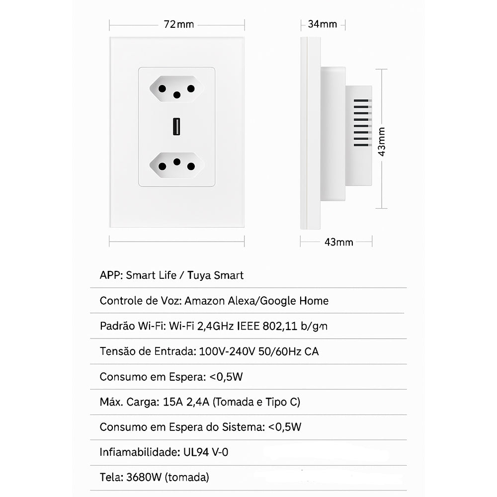 Tomada Dupla Inteligente, Zigbee, 3 Pinos, Uma Entrada USB e Uma USB-C, 16A, Compatível Com Alexa e Google Home, Branco