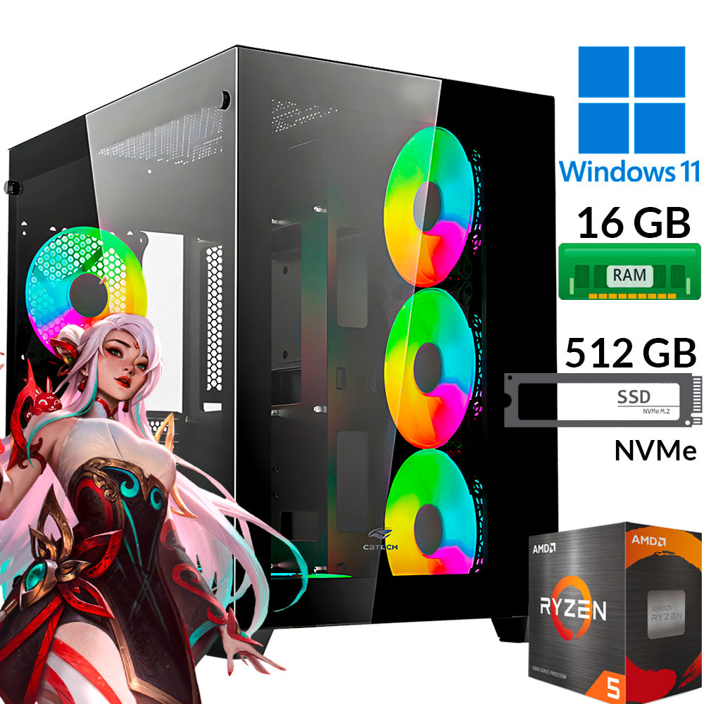 Computador Gamer Ryzen 5 5600GT, Vega 7, RAM 16GB DDR4, SSD M.2 NVMe 512GB, Windows 11 Pro, Gabinete Aquario