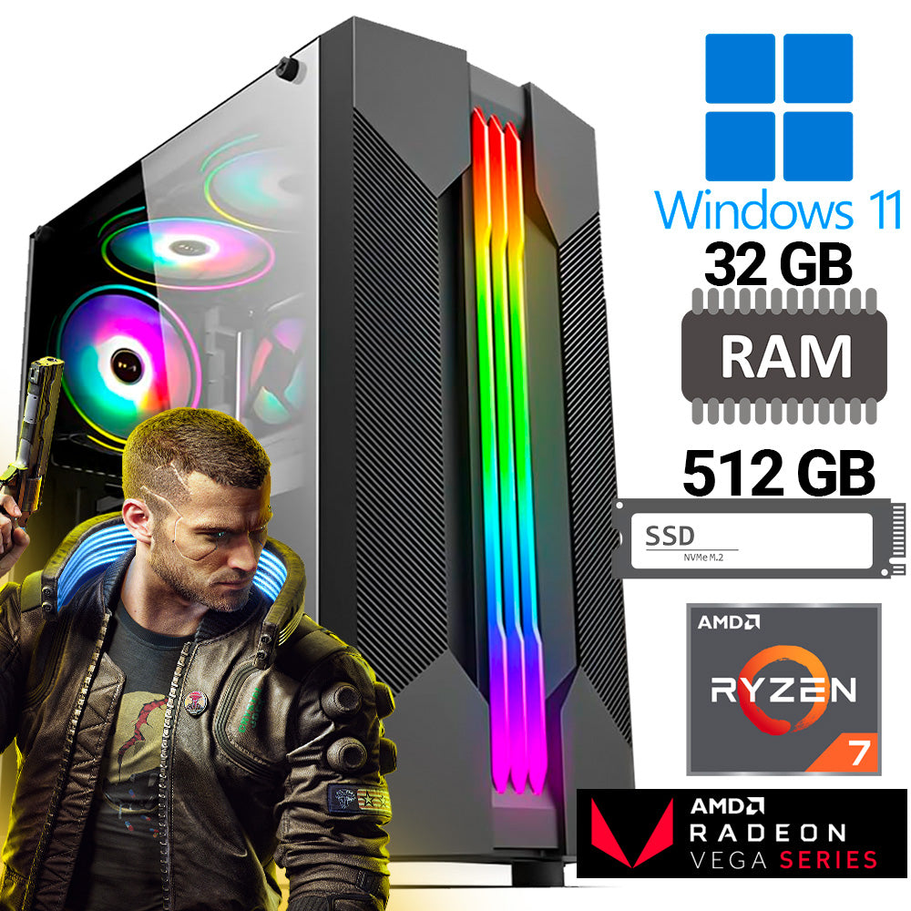 Computador Gamer Ryzen 7 5700G, Radeon™ Graphics Vega 8, SSD NVMe 1TB, 32GB RAM, Gabinete RGB