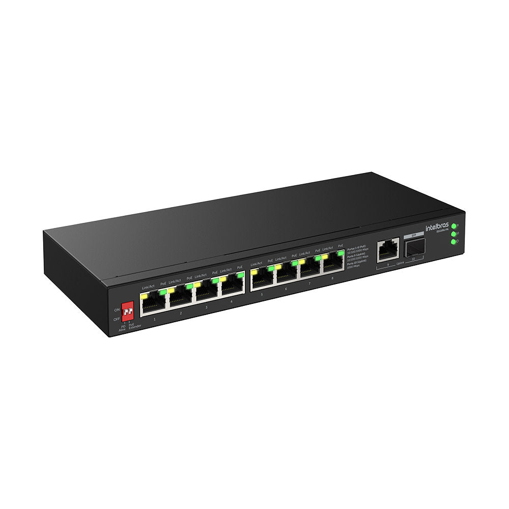 Switch Gigabit Intelbras 10 Portas S1110G-PA 8 Portas PoE + 2 Portas Uplink RJ45 Função VLAN