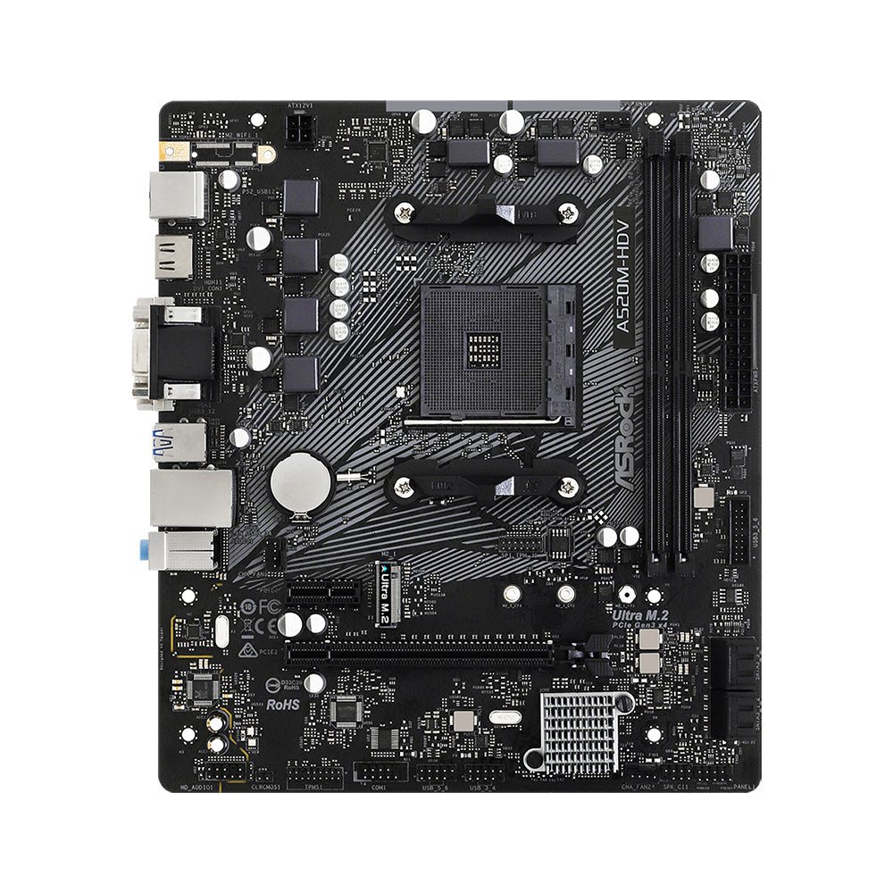 Placa-Mãe ASRock A520M-HDV, Socket AM4, Suporte AMD Ryzen 5000, 2x DDR4, Ultra M.2 (Gen3x4 & SATA3), HDMI SATA III 6Gb/s