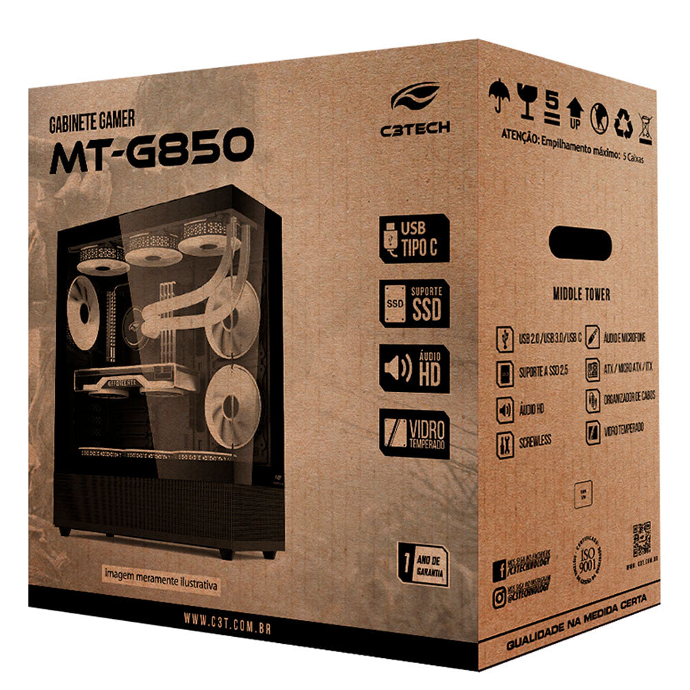 Gabinete Gamer C3Tech Gaming Aquarius MT-G850BK, Mid Tower, Lateral e Frontal Em Vidro Temperado, Sem Fonte - Preto