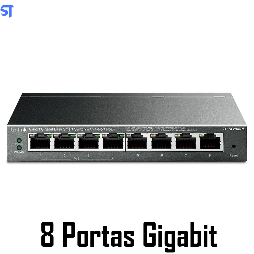 Switch TP-Link TL-SG108PE 8 Portas Gigabit 10/100/1000 Mbps Gerenciável Com 4 Portas POE